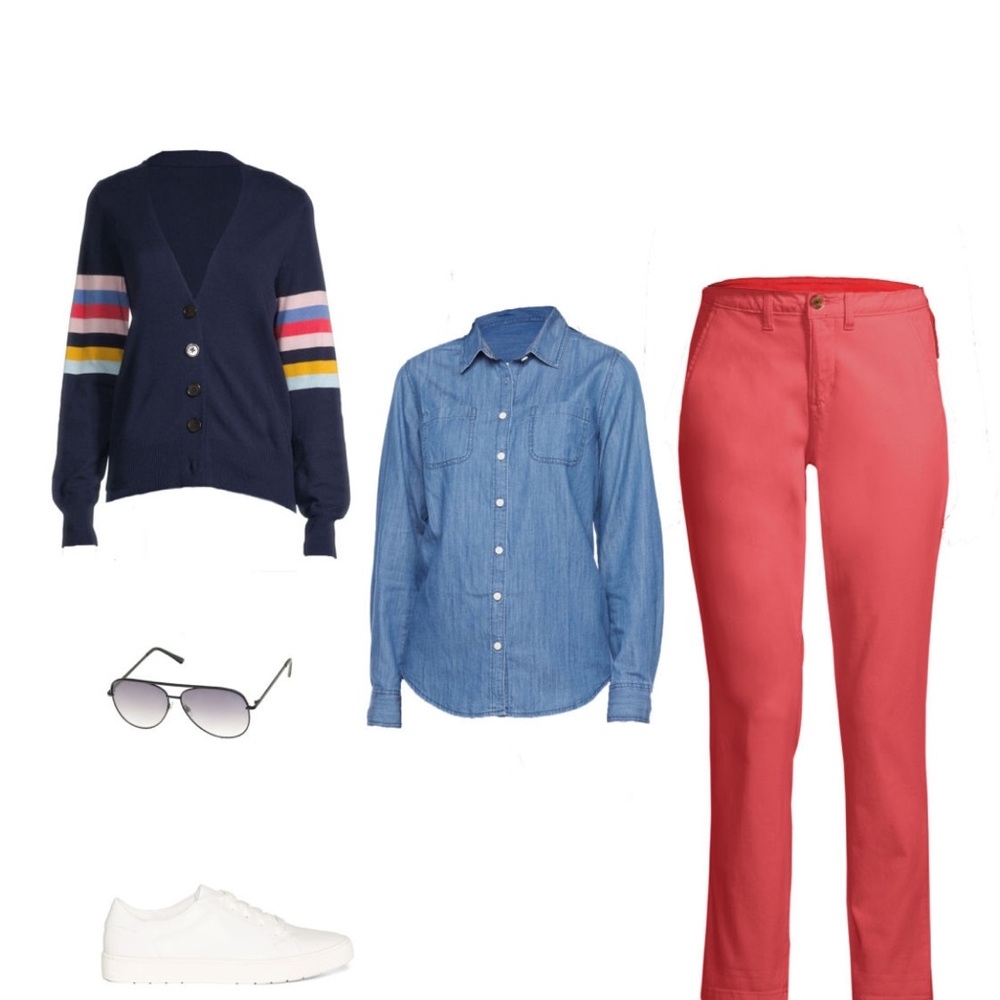 Striped Cardigan and Red Pants Outfit